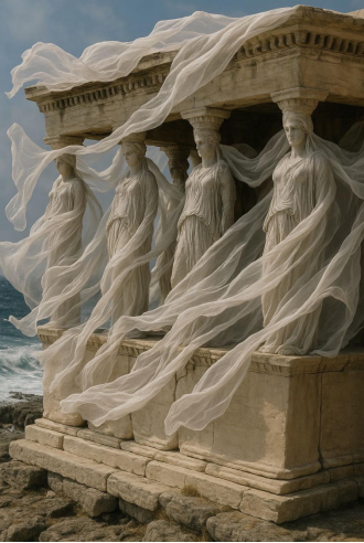 #Caryatids ไหลในสายลม# สไตล์ของประติมากรรมมีความสัมพันธ์อย่างใกล้ชิดกับศิลปะกรีกโบราณ